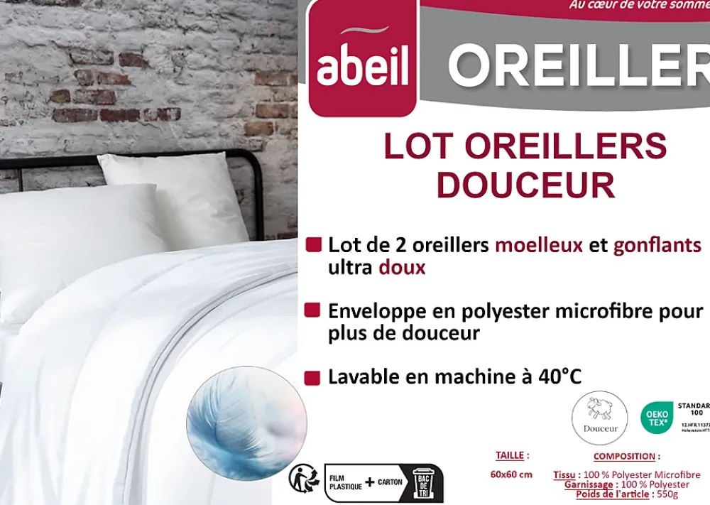 Abeil Lot de 2 Oreillers Douceur - 60 x 60 cm - Blanc* Oreiller Moelleux