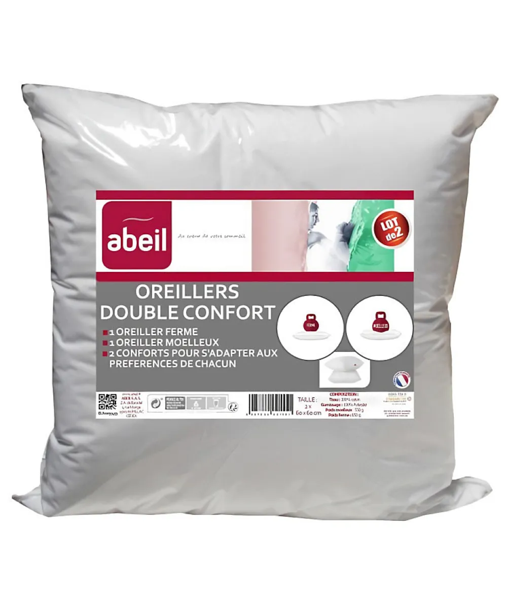 Lot de 2 Oreillers DOUBLE CONFORT 100% Coton 60x60cm>Abeil Sale