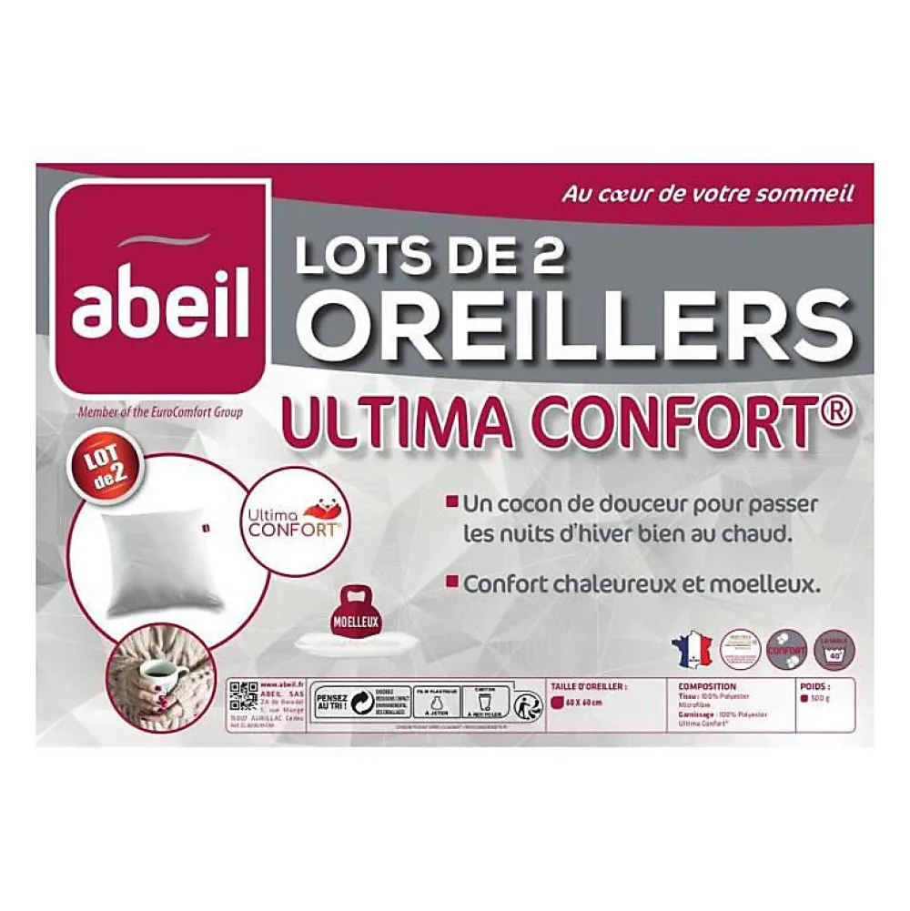 Abeil Lot de 2 oreillers Ultima Confort - 60 x 60 cm* Oreiller Moelleux