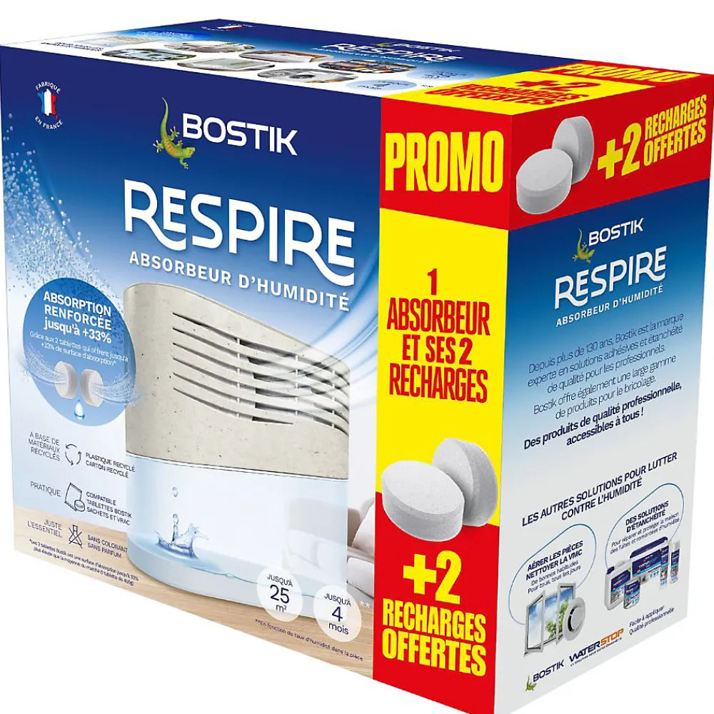 Absorbeur d'humidité avec 4 tablettes de 250 g Respire pour surface de 25 m²>Bostik Online