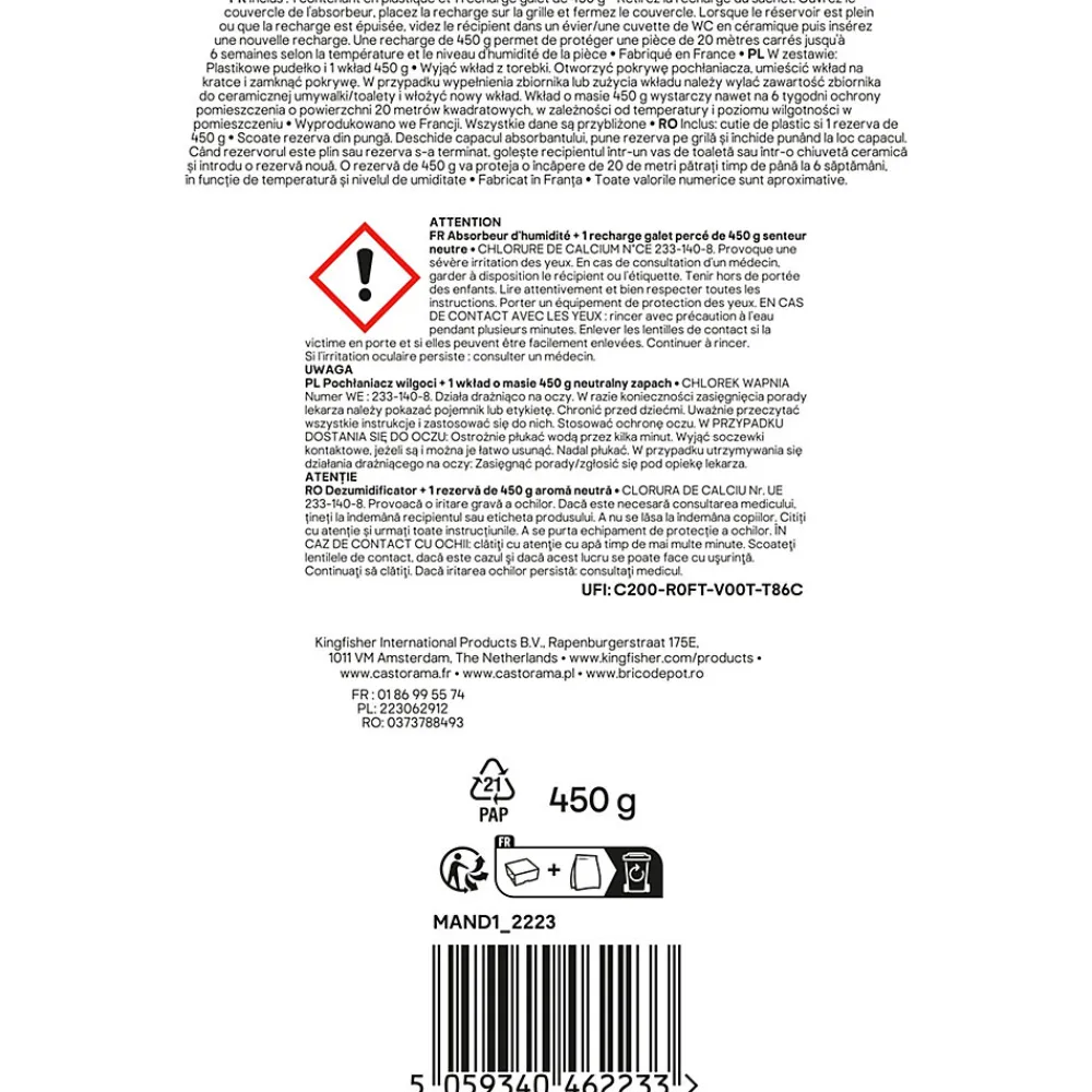 Absorbeur d'humidité 20m² + 1 recharge galet 450g>GoodHome Online