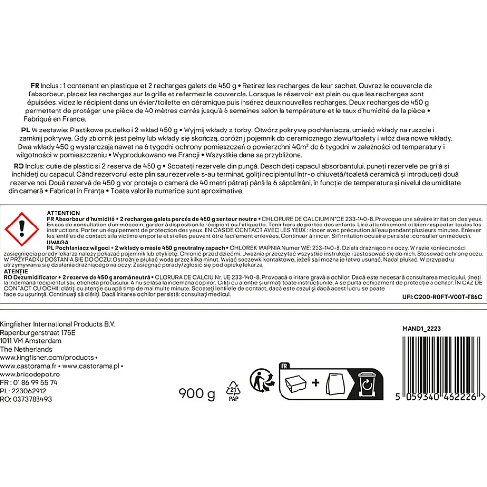 Absorbeur d'humidité 40m² + 2 recharges galet 450g>GoodHome