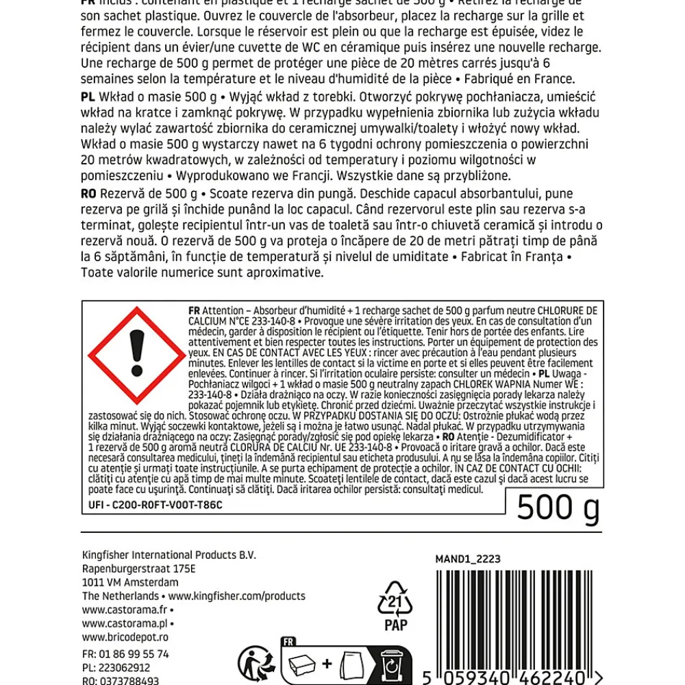 Absorbeur d'humidité 20m² + 1 recharge sachet 500g> Discount
