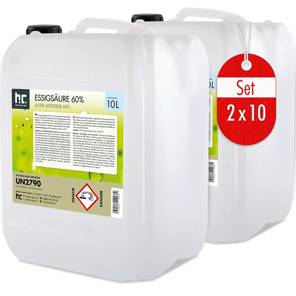 Höfer Chemie Acide Acétique 60 %, 2 x 10 L : Nettoyant Concentré, Et Économique Pour Un Usage Ménager Polyvalent* Acide Chlorhydrique