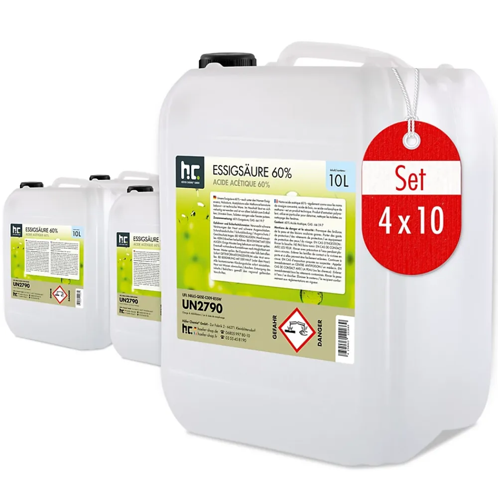 Höfer Chemie Acide Acétique 60 %, 4 x 10 L : Nettoyant Concentré, Et Économique Pour Un Usage Ménager Polyvalent* Acide Chlorhydrique