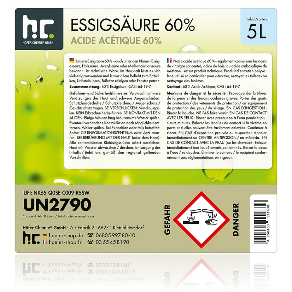 Acide Acétique 60 %, 48 x 5 L : Nettoyant Concentré, Et Économique Pour Un Usage Ménager Polyvalent>Höfer Chemie Outlet