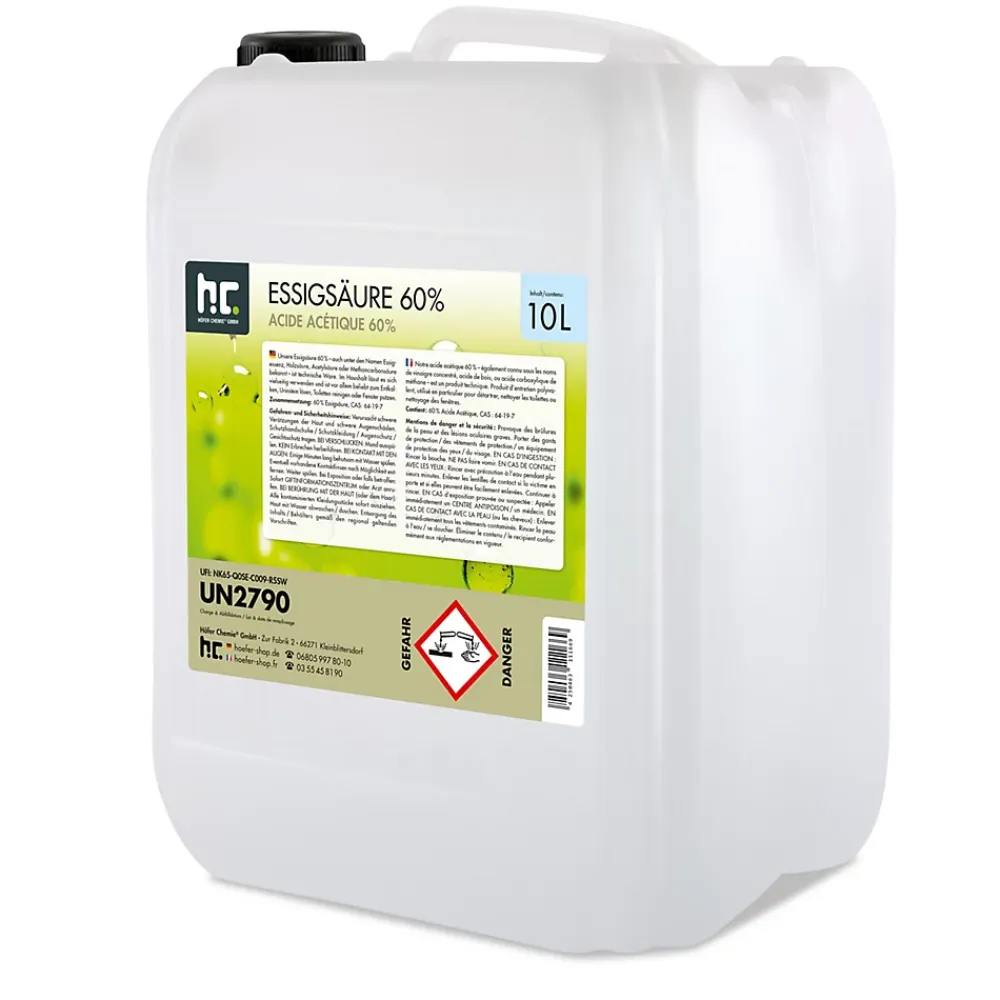 Höfer Chemie Acide Acétique 60 %, 60 x 10 L : Nettoyant Concentré, Et Économique Pour Un Usage Ménager Polyvalent* Acide Chlorhydrique