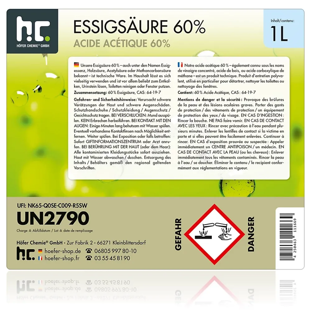 Höfer Chemie Acide Acétique 60 %, 24 x 1 L : Nettoyant Concentré, Et Économique Pour Un Usage Ménager Polyvalent* Acide Chlorhydrique