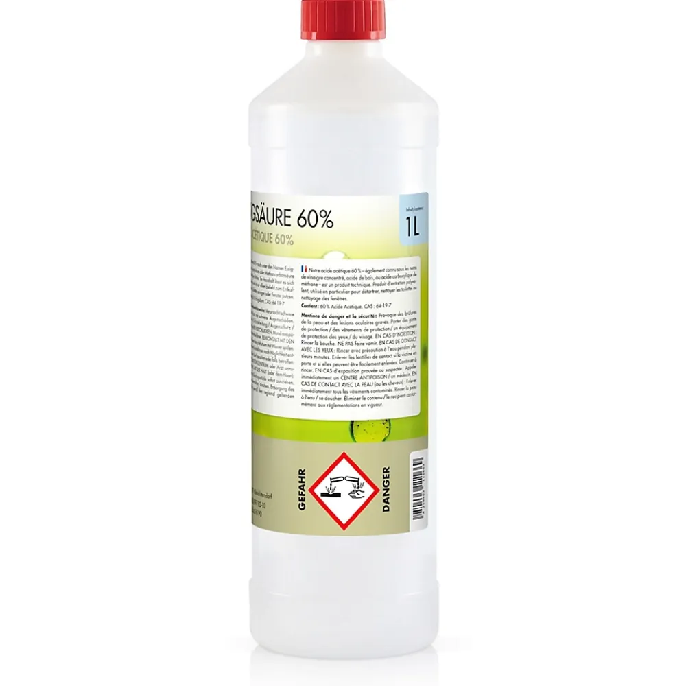 Höfer Chemie Acide Acétique 60 %, 24 x 1 L : Nettoyant Concentré, Et Économique Pour Un Usage Ménager Polyvalent* Acide Chlorhydrique