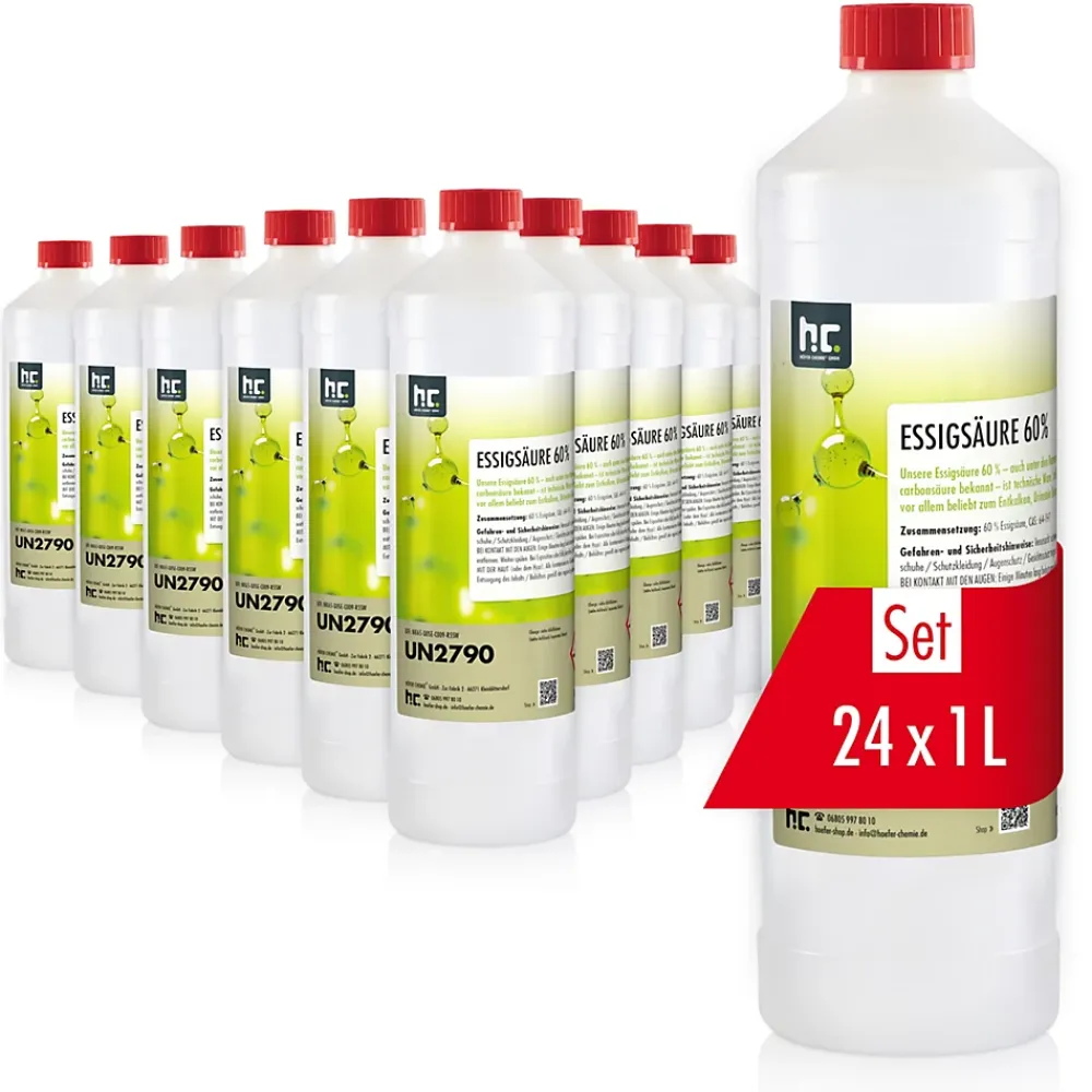 Höfer Chemie Acide Acétique 60 %, 24 x 1 L : Nettoyant Concentré, Et Économique Pour Un Usage Ménager Polyvalent* Acide Chlorhydrique