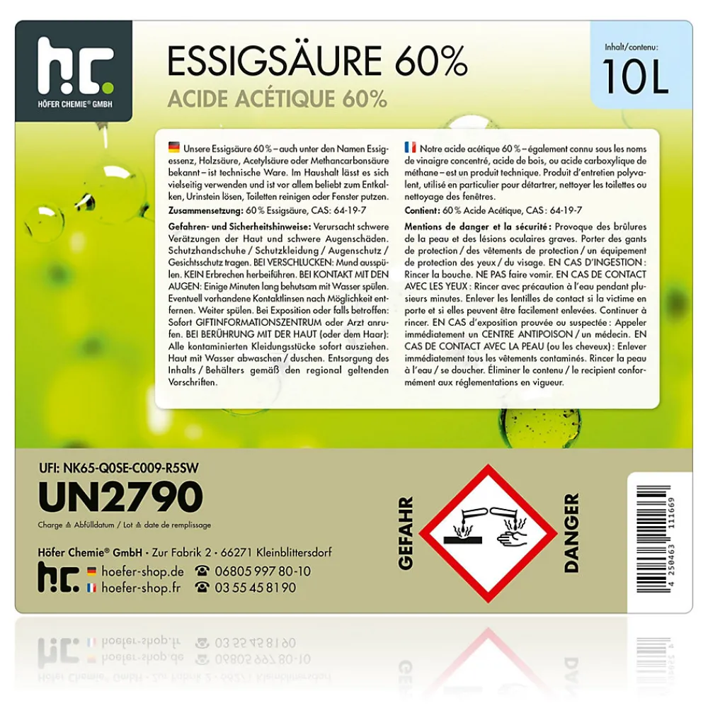 Acide Acétique 60 %, 1 x 10 L : Nettoyant Concentré, Et Économique Pour Un Usage Ménager Polyvalent>Höfer Chemie Online