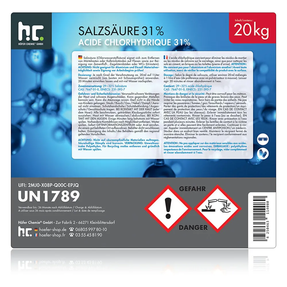 Acide Chlorhydrique 29-32%, Bidon De 4 x 20 Kg, Nettoyage, Décapage, Traitement Métallurgique>Höfer Chemie Hot