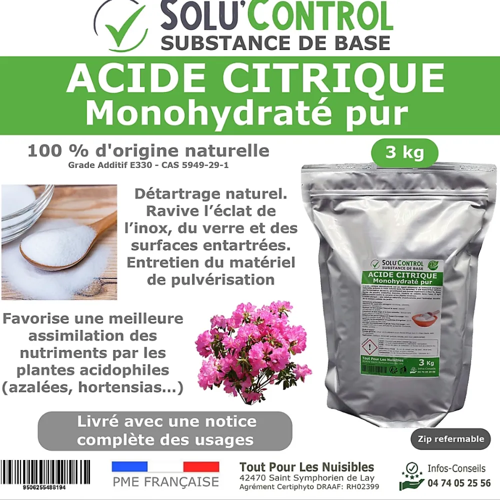 Tout Pour Les Nuisibles Acide citrique monohydraté pur 3 kg - 100% d'origine naturel - Nettoyer, détartrer, raviver l'inox et corriger le pH* Acide Chlorhydrique