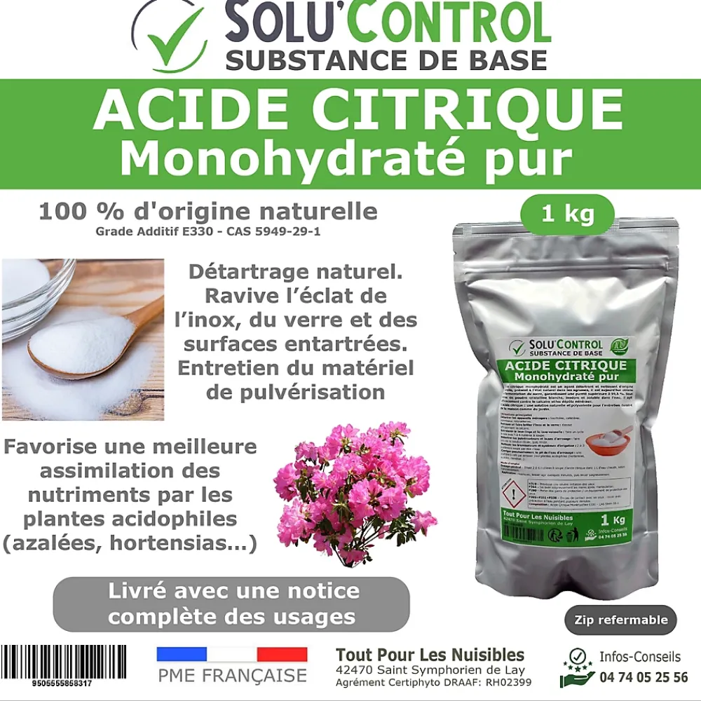 Tout Pour Les Nuisibles Acide citrique monohydraté pur 1 kg - 100% d'origine naturel - Nettoyer, détartrer, raviver l'inox et corriger le pH* Produit Multi-Usages