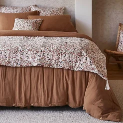 ADONIS - Chemin de Lit 90x200cm Gaze de Coton Blanc Imprimé Fleur Détail 4 Pompons>Altobuy Online