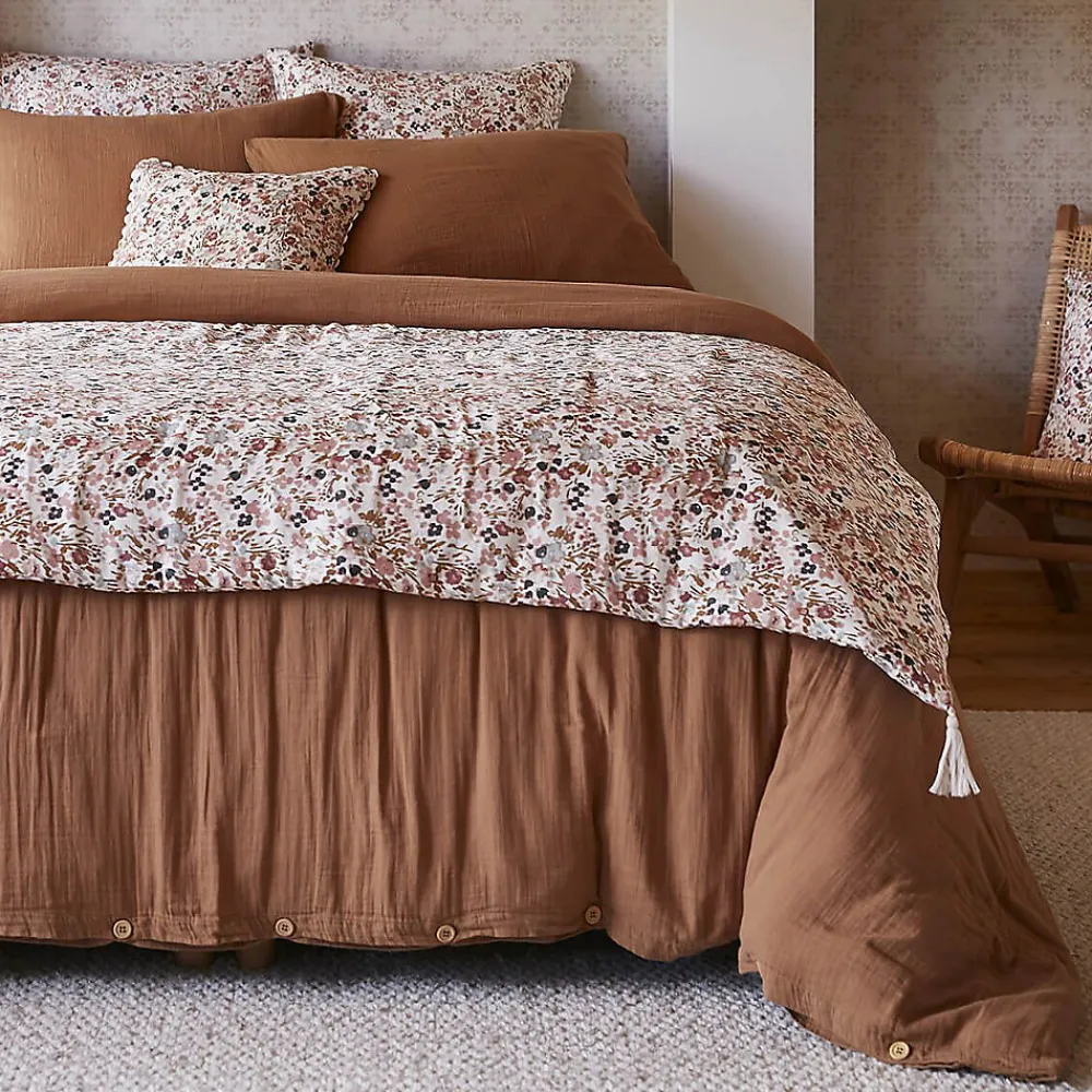 ADONIS - Chemin de Lit 90x200cm Gaze de Coton Blanc Imprimé Fleur Détail 4 Pompons>Altobuy Online