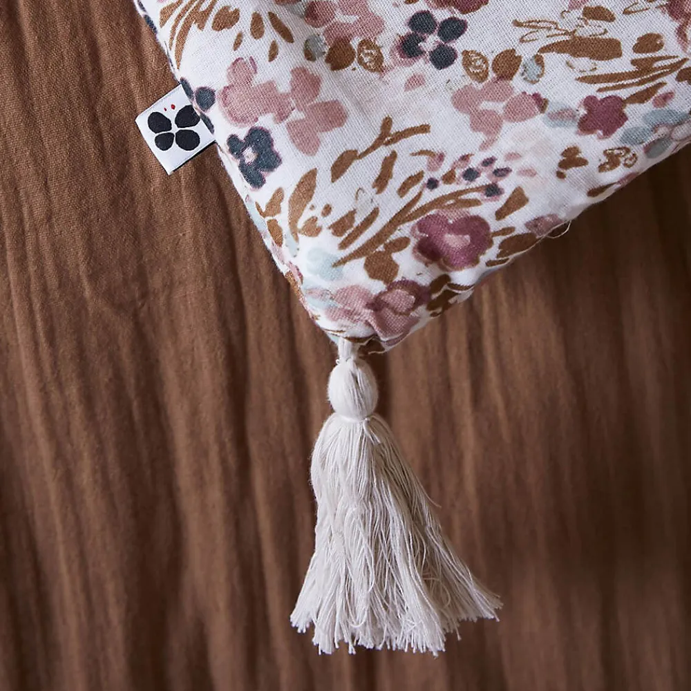 ADONIS - Chemin de Lit 90x200cm Gaze de Coton Blanc Imprimé Fleur Détail 4 Pompons>Altobuy Online