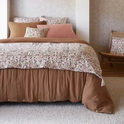 ADONIS - Chemin de Lit 90x200cm Gaze de Coton Blanc Imprimé Fleur Détail 4 Pompons><noscript><img width=