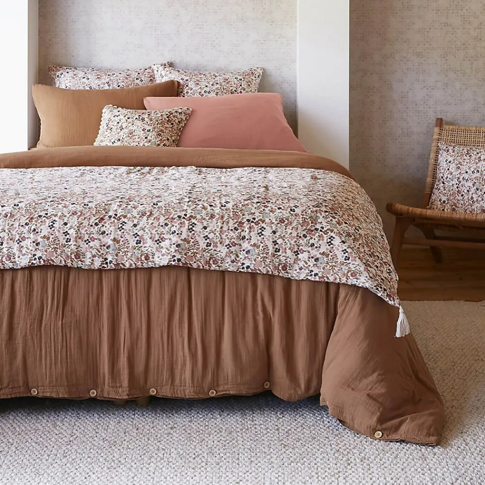 ADONIS - Chemin de Lit 90x200cm Gaze de Coton Blanc Imprimé Fleur Détail 4 Pompons>Altobuy Online