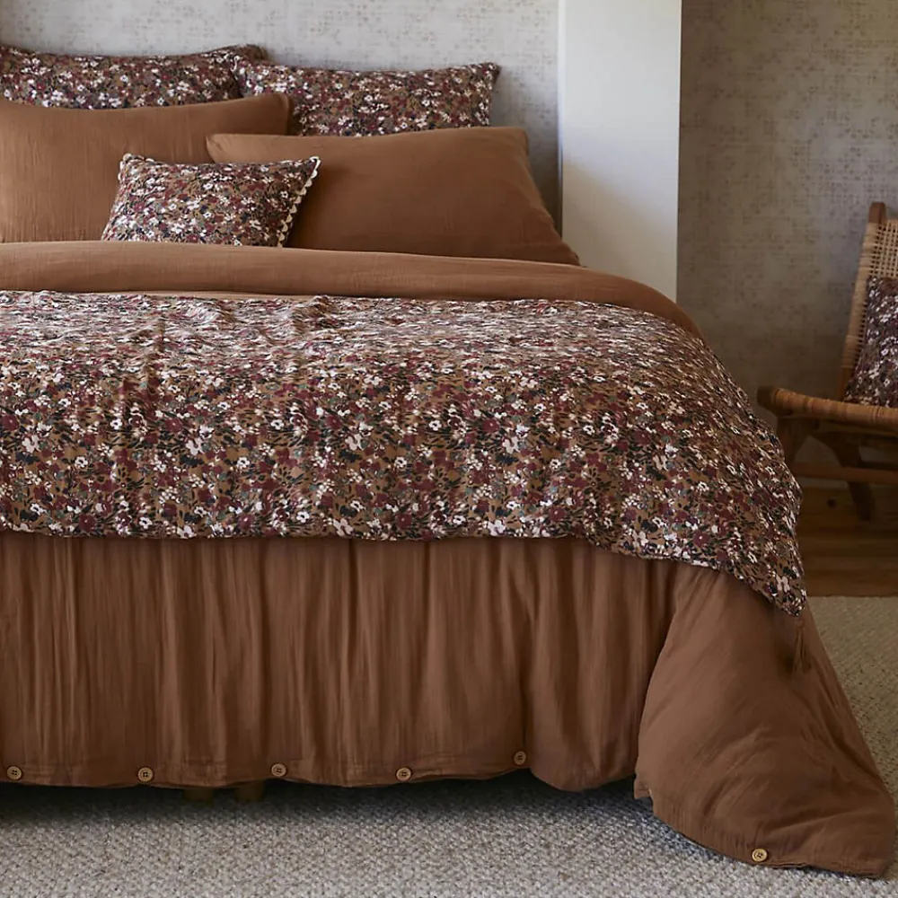 ADONIS - Chemin de Lit 90x200cm Gaze de Coton Brun Imprimé Fleur Détail 4 Pompons>Altobuy Discount