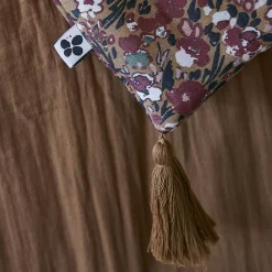ADONIS - Chemin de Lit 90x200cm Gaze de Coton Brun Imprimé Fleur Détail 4 Pompons><noscript><img width=