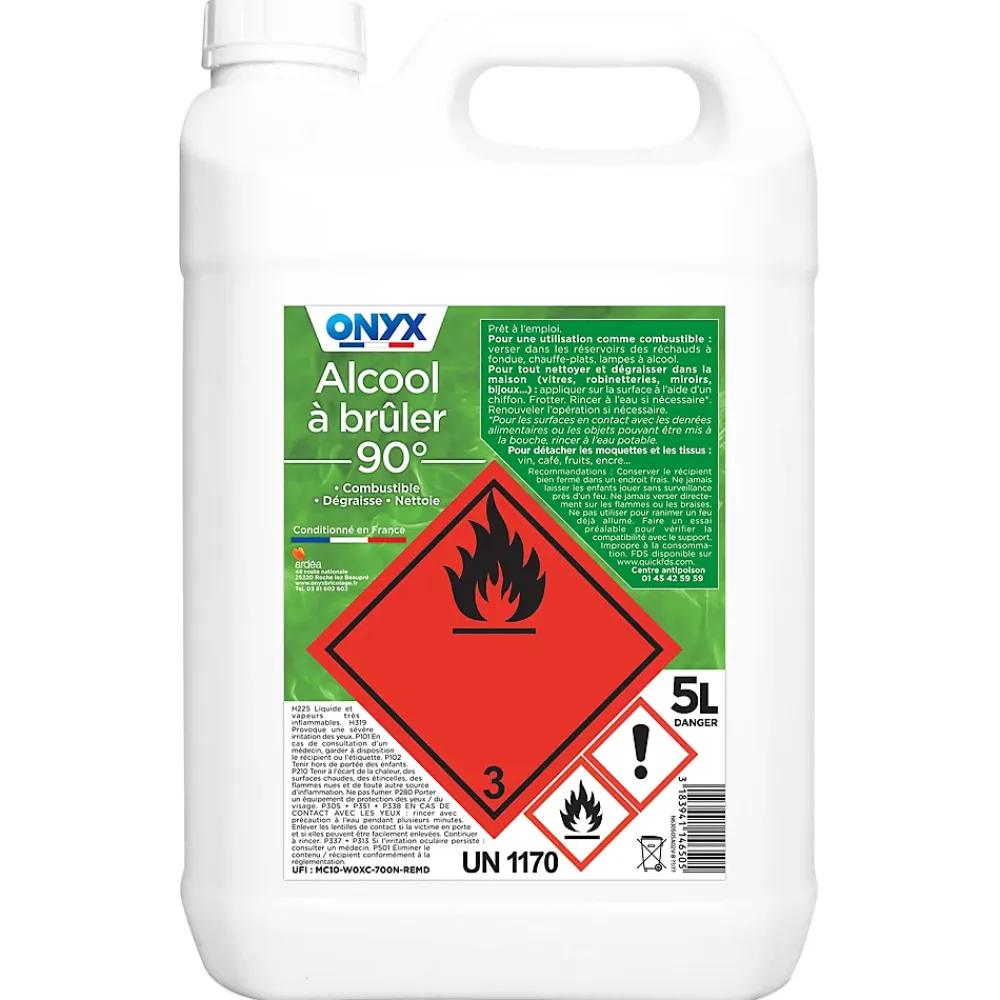Onyx Alcool à brûler 90° pour métal, bois, tissus et vitres 5 L* Alcool À Brûler