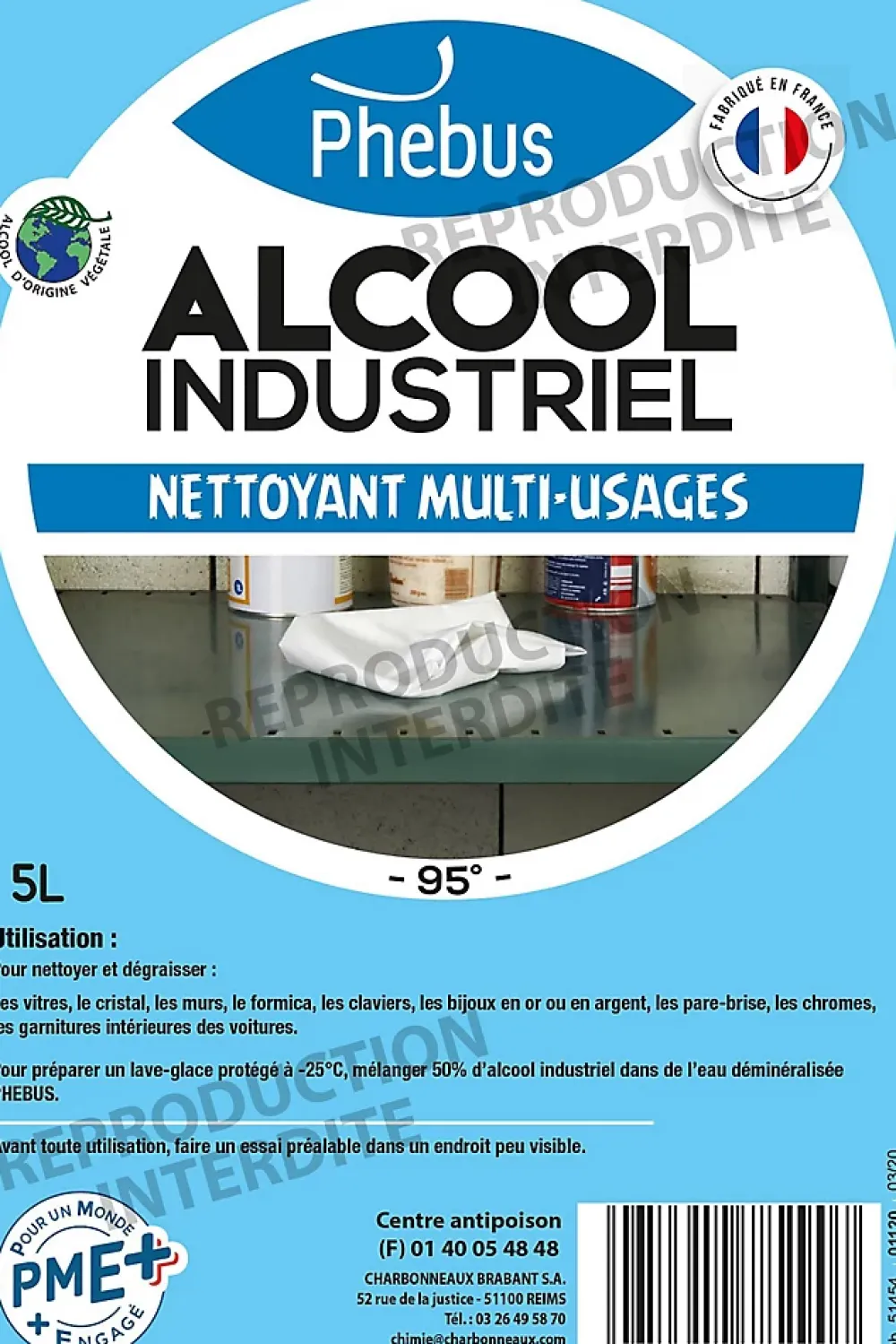Phebus Alcool industriel nettoyant multi-usages 95° 5L* Alcool Ménager