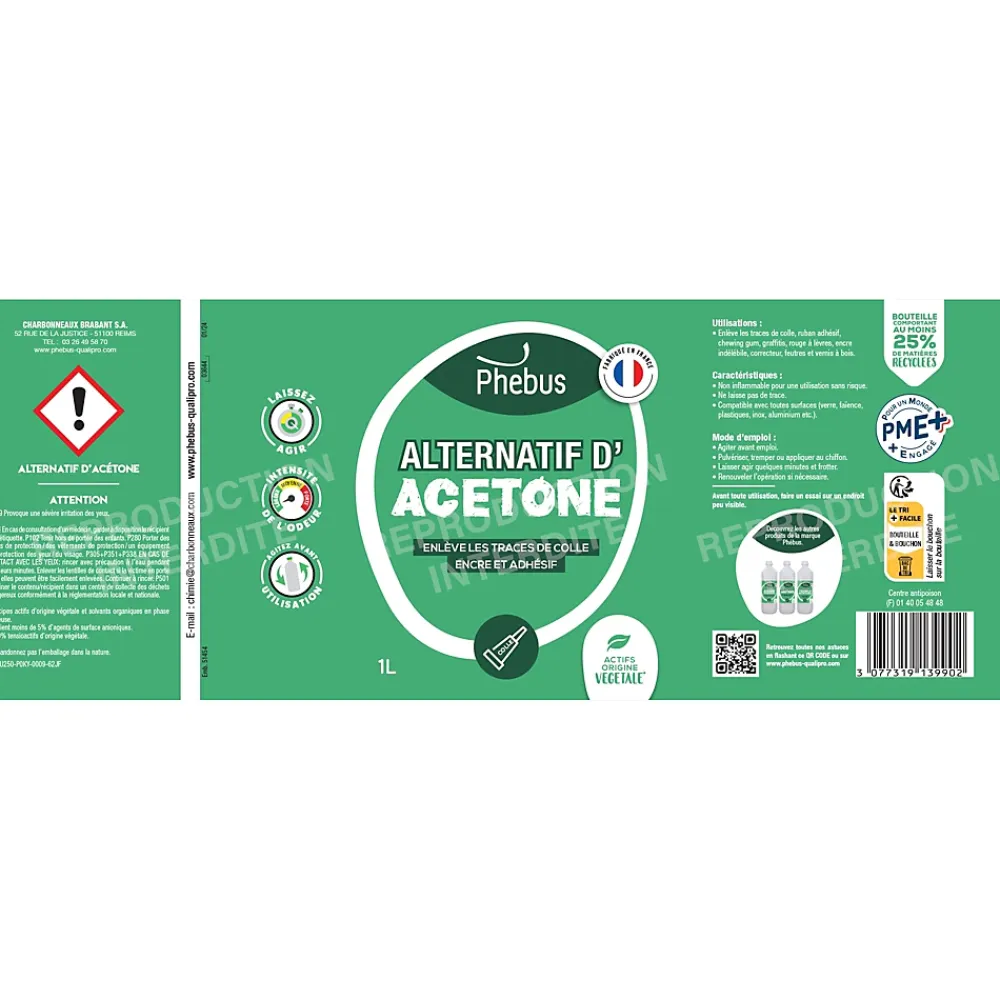 PHEBUS BIO Alternatif d'acétone enlève les traces de colle, encre et adhésif Phebus 1L* Acétone