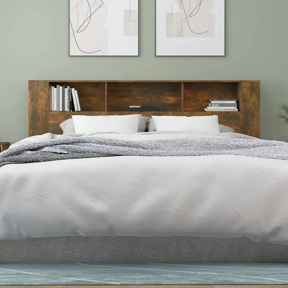 Vidaxl ANSELF Tête de lit avec Rangement,Tete de lit Bois,Design Mural,Espace de Rangement,Chêne fumé 200x18,5x104,5 cm* Tête De Lit