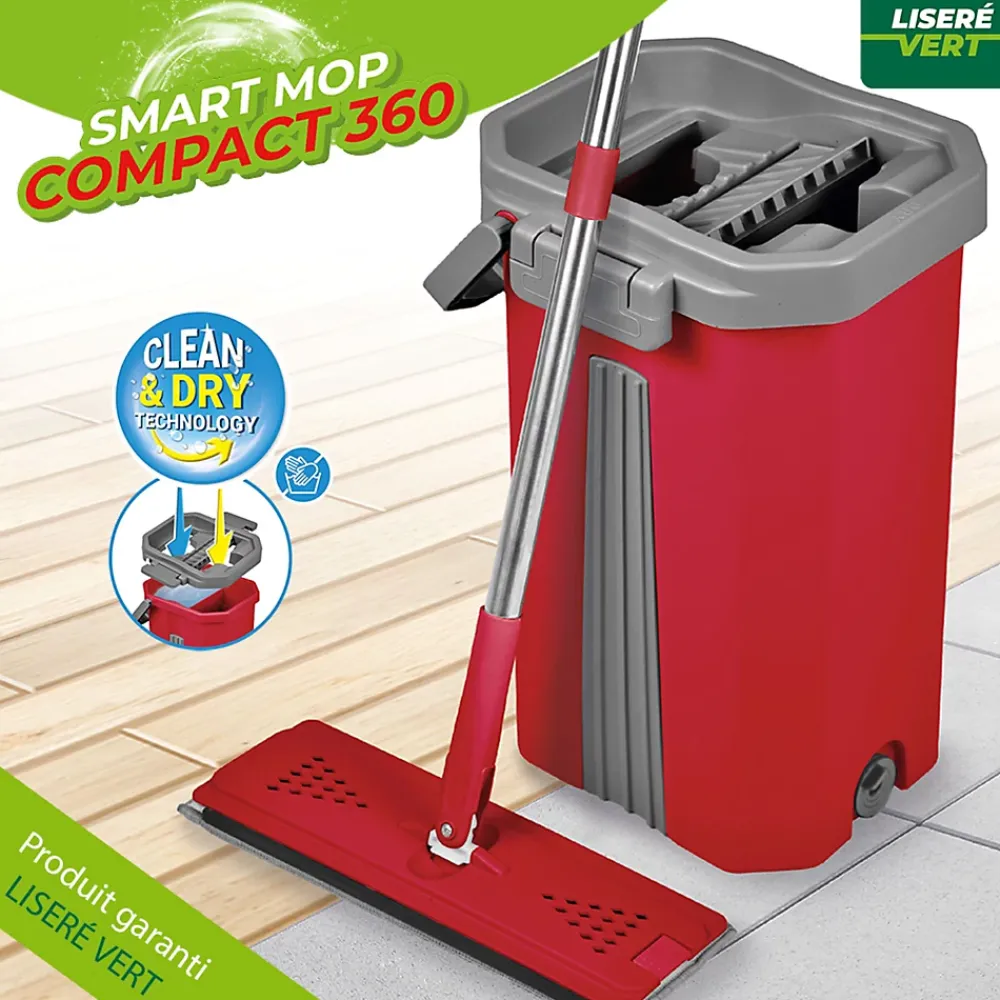 Passat Balai serpillère Smart Mop 360 tête extra large pivotante + Seau 2 compartiments + 2 lingettes microfibre* Serpillère