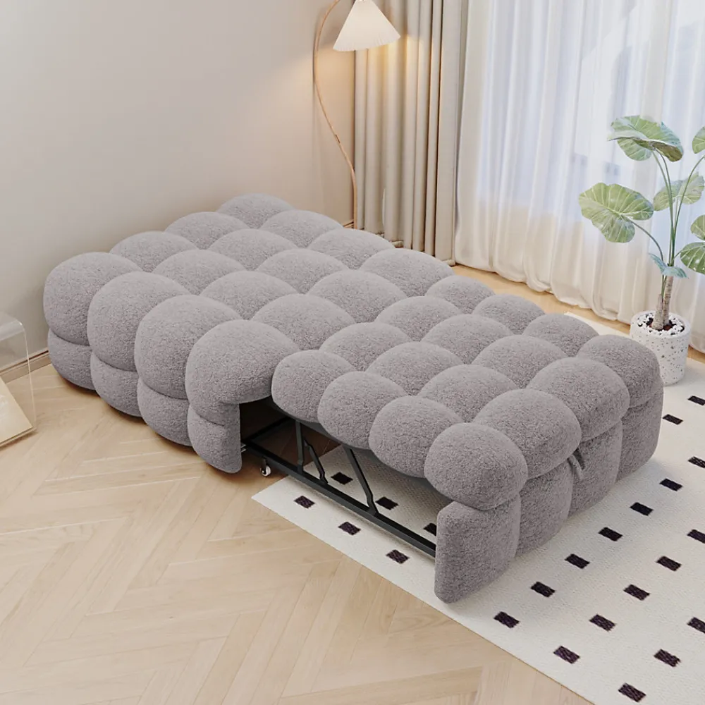 Banquette Convertible - Lit Pliant 2-en-1 avec Lit D'Appoint, Tissu Pelucheux Teddy, Gris, 183x76x42 cm>Okwish New