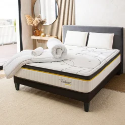 LITERIE Pack 3.0 140x200 cm Matelas Ressorts + Sommier Bois + Accessoires><noscript><img width=
