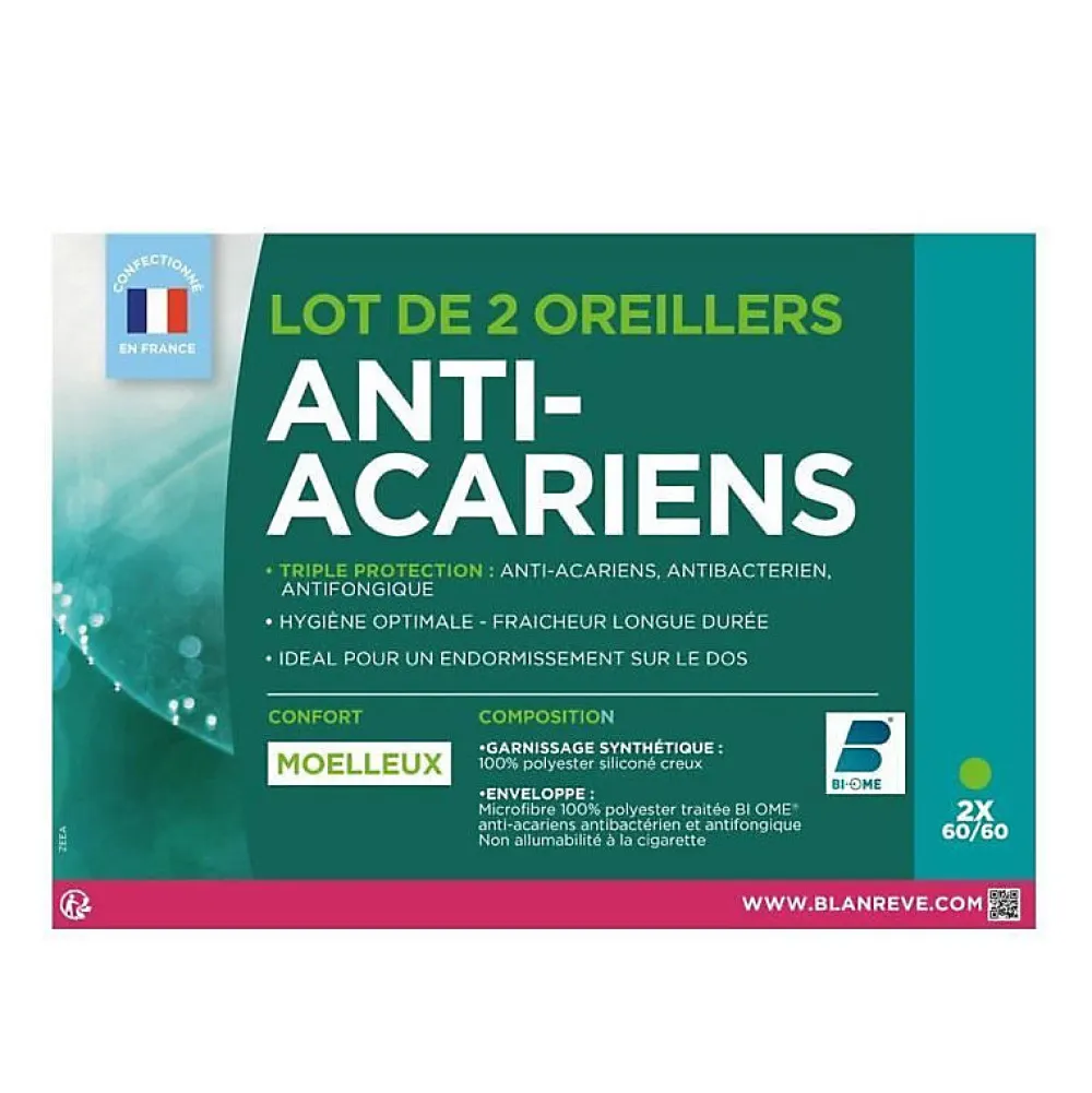 Lot de 2 Oreillers Triple Protection - 60 x 60 cm - Blanc>Blanreve Best