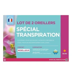 Blanreve Lot de 2 Oreillers Special Transpiration - 60 x 60 cm - Blanc* Oreiller Moelleux