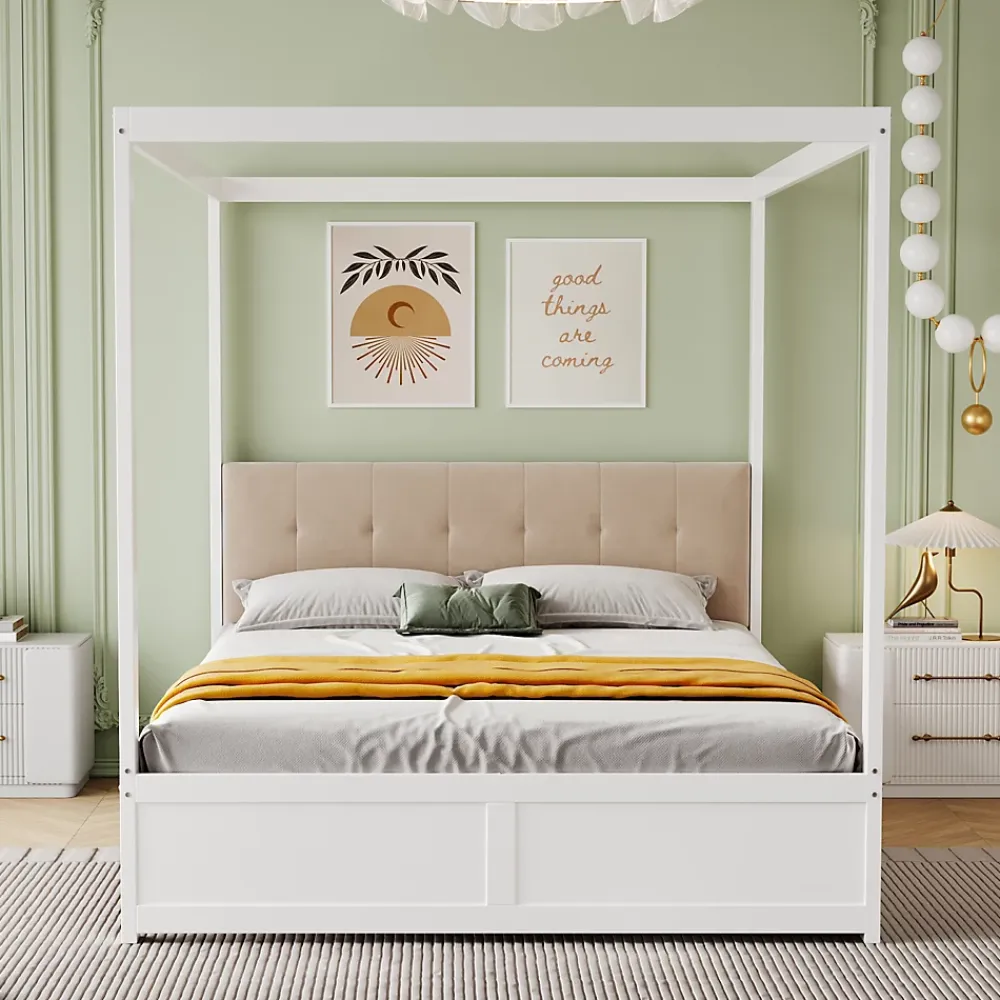ProximaX Cadre de lit à baldaquin 140 x 200 cm avec 2 grands tiroirs et dossier moelleux, lit en bois blanc* Sommier