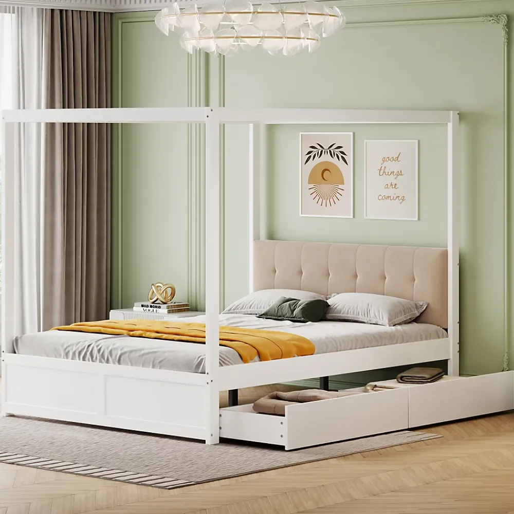 ProximaX Cadre de lit à baldaquin 140 x 200 cm avec 2 grands tiroirs et dossier moelleux, lit en bois blanc* Sommier