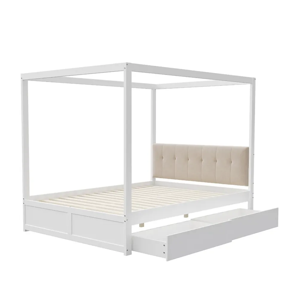 ProximaX Cadre de lit à baldaquin 140 x 200 cm avec 2 grands tiroirs et dossier moelleux, lit en bois blanc* Sommier