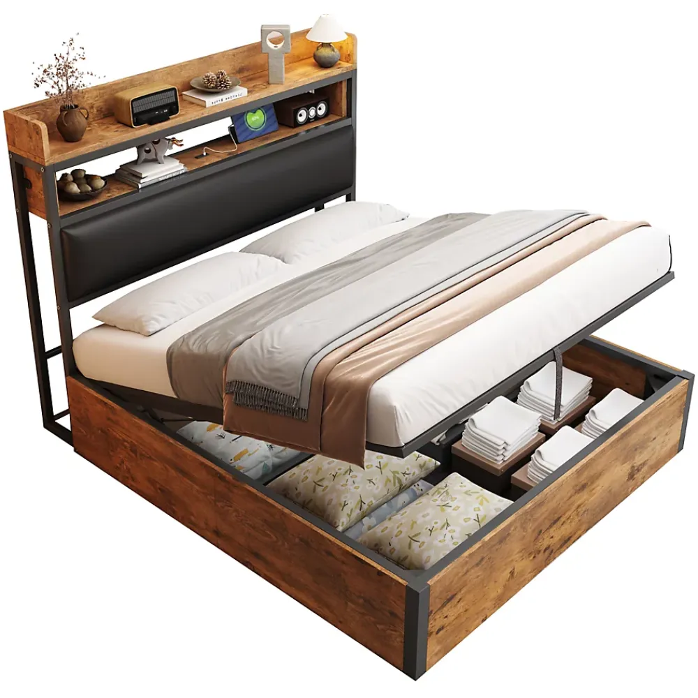 Redom Cadre de lit 140 par 200 cm avec mécanisme hydraulique USB tête rembourrée design bois et métal rangement caché noir* Lit Avec Rangement