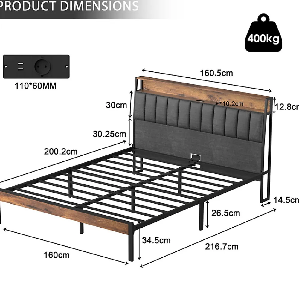 Cadre de lit 160 x 200 avec Base en métal, lit 2 Personnes, avec lumières LED et Prises Multiples (1 Prise AC, 2 Ports USB), avec>Teeno New