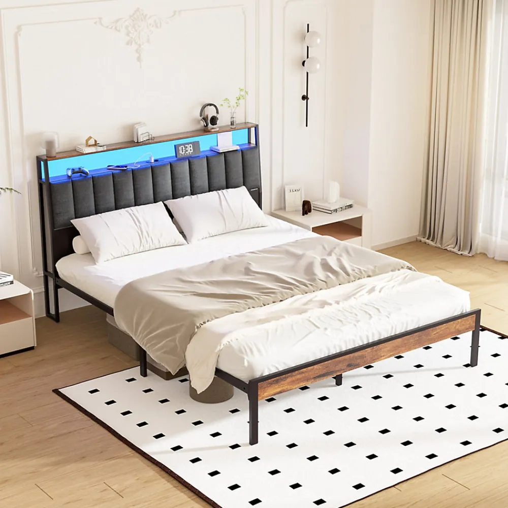 Cadre de lit 160 x 200 avec Base en métal, lit 2 Personnes, avec lumières LED et Prises Multiples (1 Prise AC, 2 Ports USB), avec>Teeno New