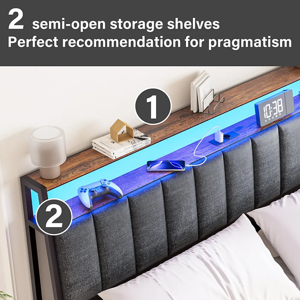 Cadre de lit 160 x 200 avec Base en métal, lit 2 Personnes, avec lumières LED et Prises Multiples (1 Prise AC, 2 Ports USB), avec>Teeno New