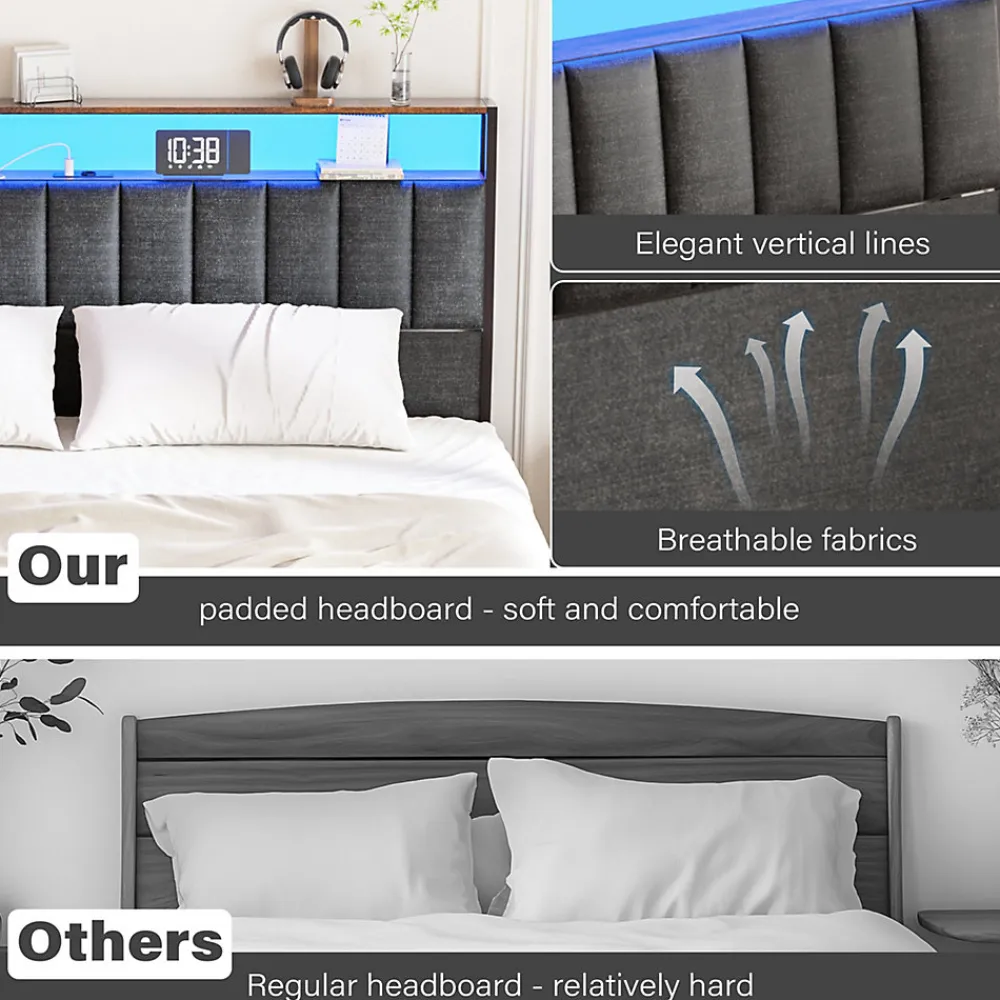 Cadre de lit 160 x 200 avec Base en métal, lit 2 Personnes, avec lumières LED et Prises Multiples (1 Prise AC, 2 Ports USB), avec>Teeno New