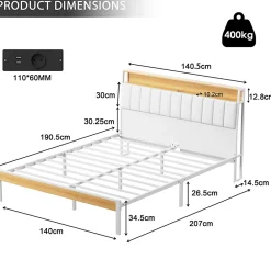Teeno Cadre de lit, 140 x 190 avec Base en métal, lit 2 Personnes, avec lumières LED et Prises Multiples (1 Prise AC, 2 Ports USB), lit* Sommier
