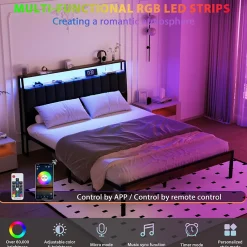 Cadre de lit 140 x 190 avec Base en métal, lit 2 Personnes, avec lumières LED et Prises Multiples (1 Prise AC, 2 Ports USB), avec><noscript><img width=