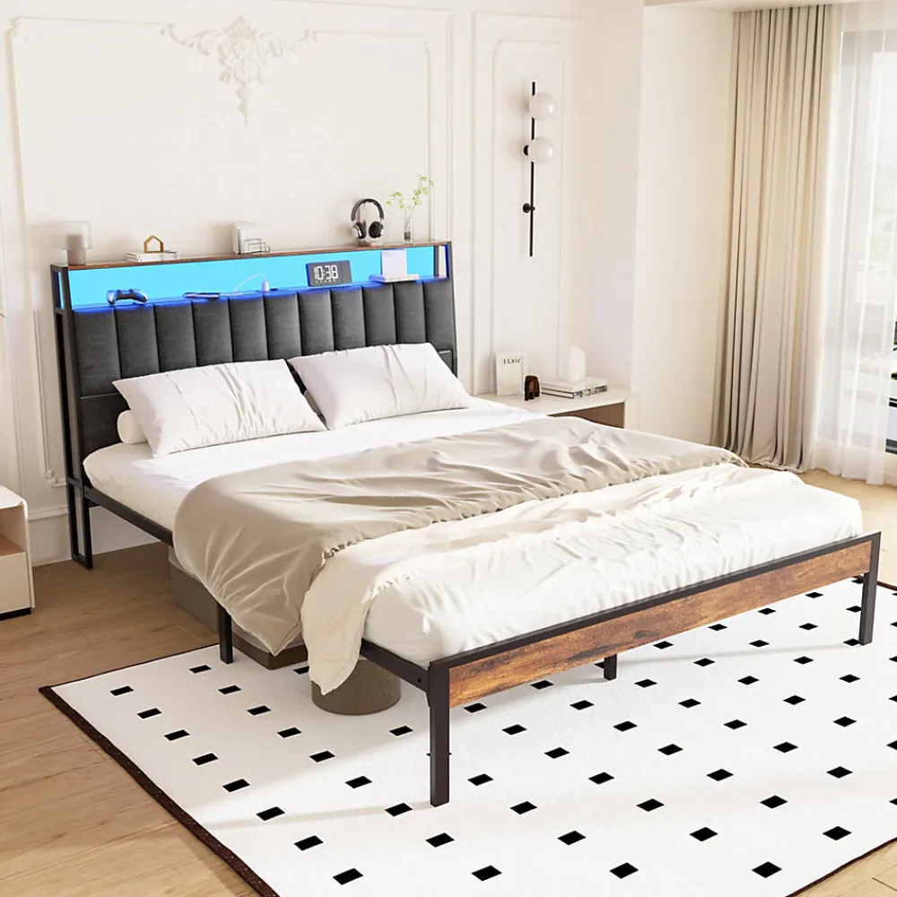 Cadre de lit 140 x 190 avec Base en métal, lit 2 Personnes, avec lumières LED et Prises Multiples (1 Prise AC, 2 Ports USB), avec>Teeno Sale