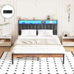 Cadre de lit 140 x 190 avec Base en métal, lit 2 Personnes, avec lumières LED et Prises Multiples (1 Prise AC, 2 Ports USB), avec><noscript><img width=