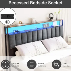 Cadre de lit 140 x 190 avec Base en métal, lit 2 Personnes, avec lumières LED et Prises Multiples (1 Prise AC, 2 Ports USB), avec><noscript><img width=