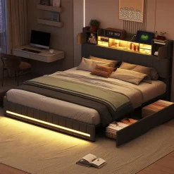 Cadre de lit double gris 140x190 cm, sommier à lattes, rembourré avec tête de lit rangement, 4 tiroirs intégrés et montage facile><noscript><img width=
