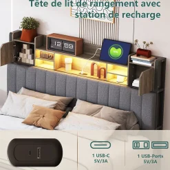 Cadre de lit double gris 140x190 cm, sommier à lattes, rembourré avec tête de lit rangement, 4 tiroirs intégrés et montage facile><noscript><img width=