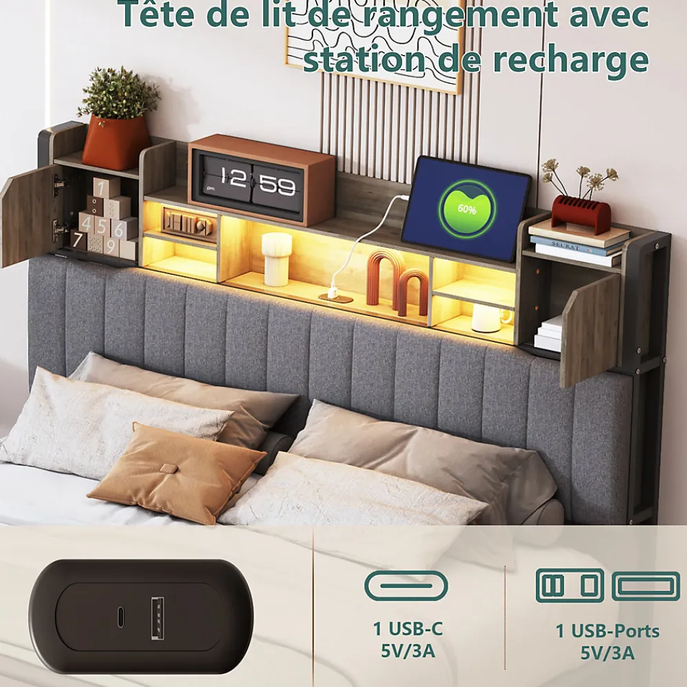Cadre de lit double gris 140x190 cm, sommier à lattes, rembourré avec tête de lit rangement, 4 tiroirs intégrés et montage facile>ProximaX Online